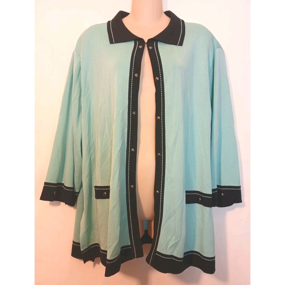 Ming Wang Plus Mint Green Black Knit 3/4 Sleeve Cardigan Jacket Size 3X    A122